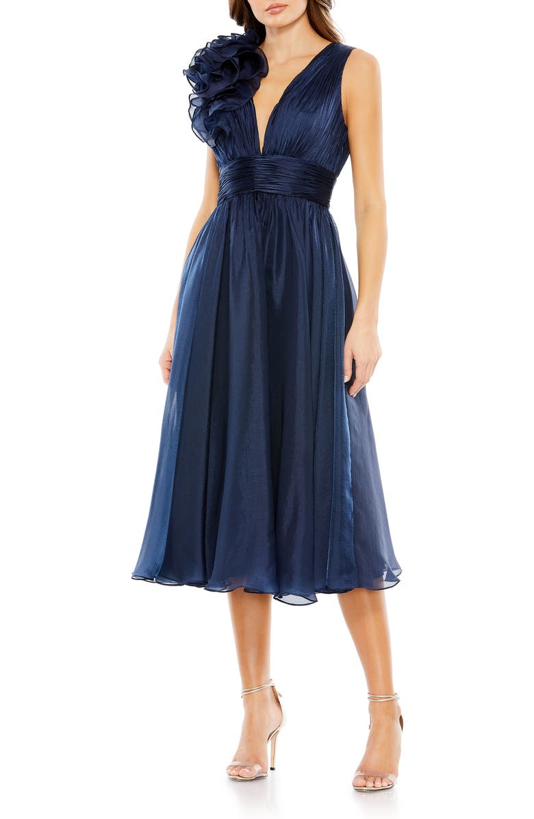 Mac Duggal Sleeveless Chiffon A-Line Tea Length Cocktail Dress, Main, color, Midnight