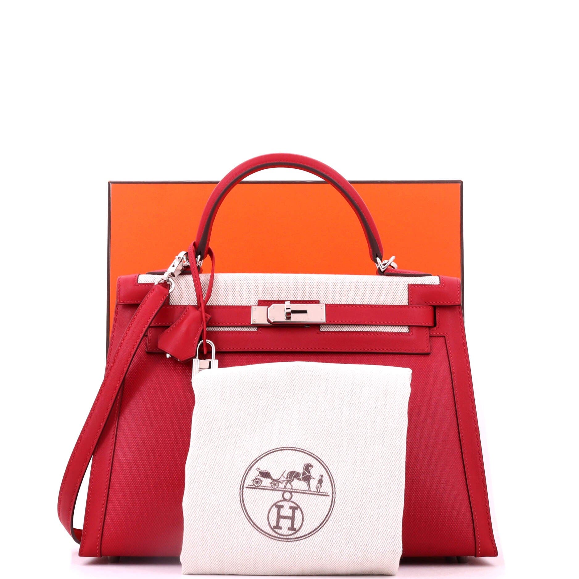 Kelly Handbag Red Berline Vache Canvas with Swift and Toile with Palladium Hardware 32, Alternate, color, Red