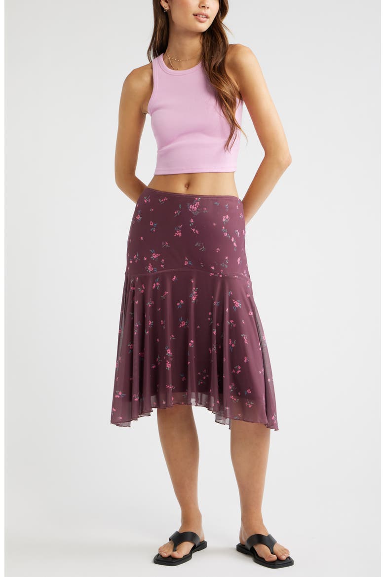 Drop Waist Handkerchief Midi Skirt, Alternate, color, BURGUNDY- PINK SHAYLYNN DITSY