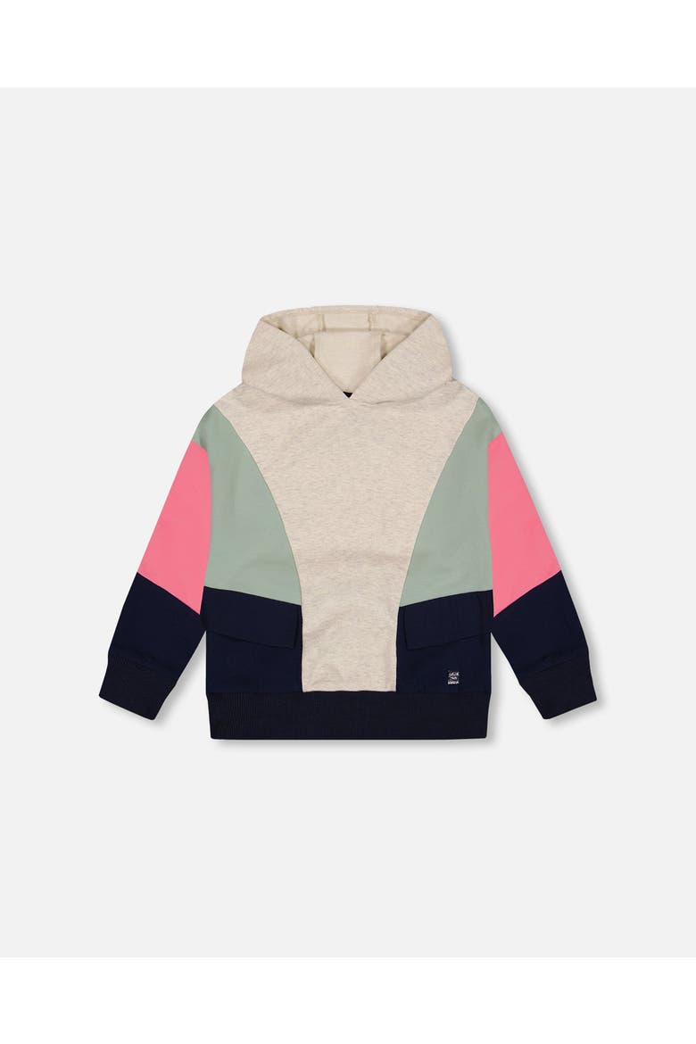 Girl's Hooded Sweatshirt Colorblock Beige, Navy And Pink, Main, color, Multicolor