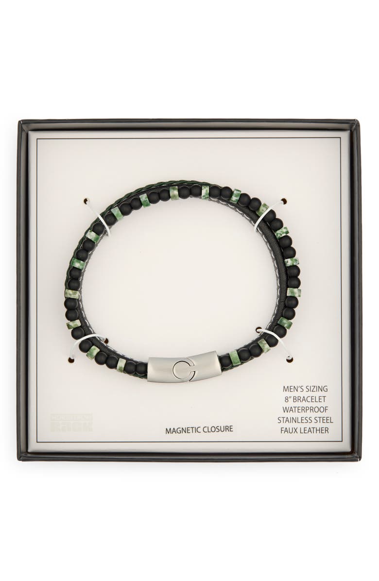 NORDSTROM RACK Men's Faux Leather & Beaded Double Strand Bracelet, Main, color, Black- Green- Stainless
