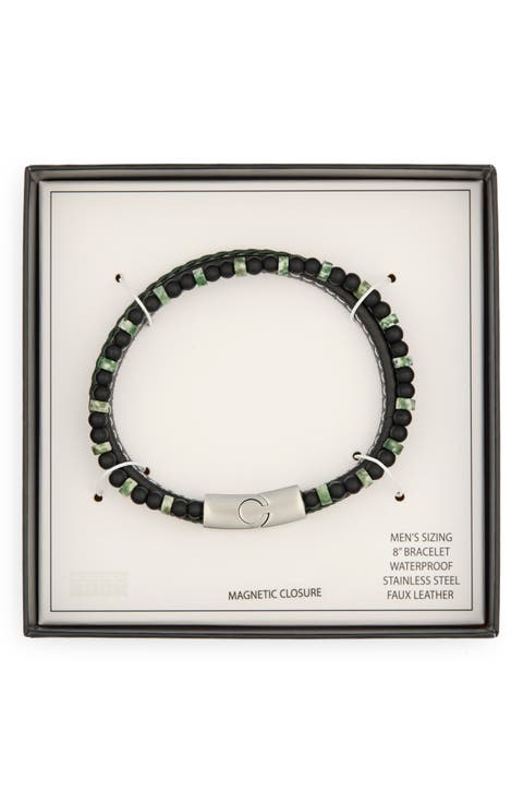 Men's Faux Leather & Beaded Double Strand Bracelet