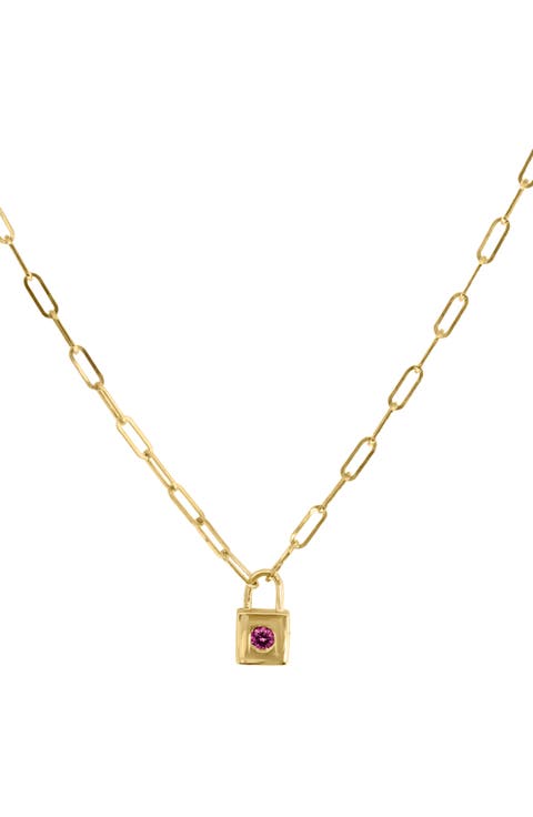 Paperclip Chain Ruby Pad Lock Pendant Necklace