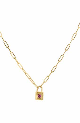 Paperclip Chain Ruby Pad Lock Pendant Necklace
