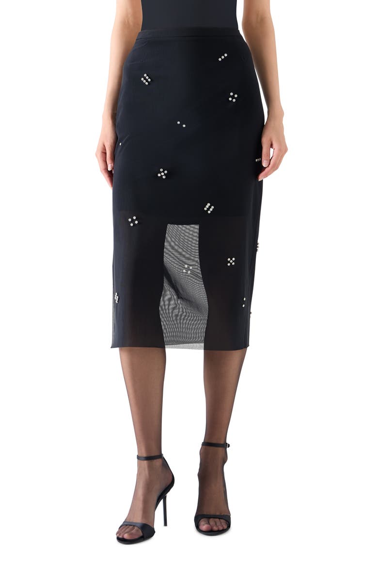 Diamond Dice Mesh Pencil Skirt, Main, color, BLACK