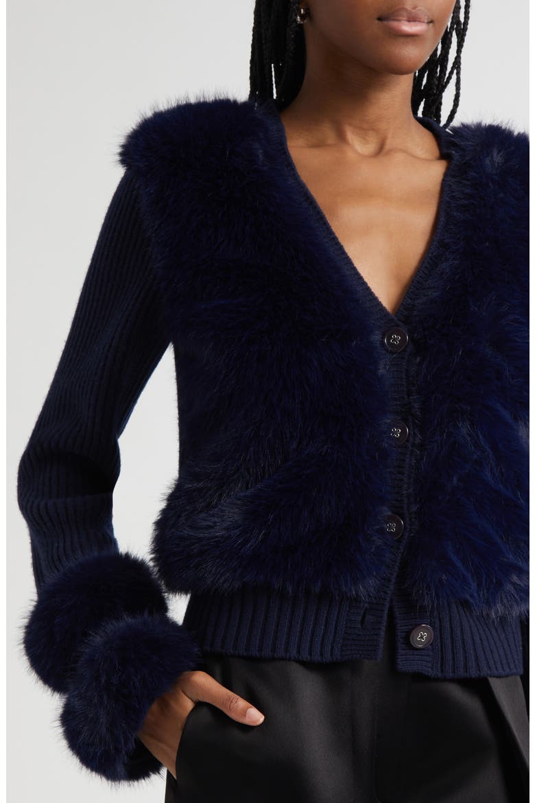 Vivietta Faux Fur Trim Wool Blend Cardigan, Alternate, color, NAVY