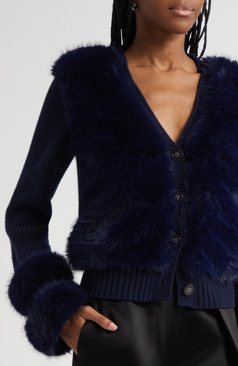 Ramy Brook Vivietta Faux Fur Trim Wool Blend Cardigan, Alternate, color, Navy