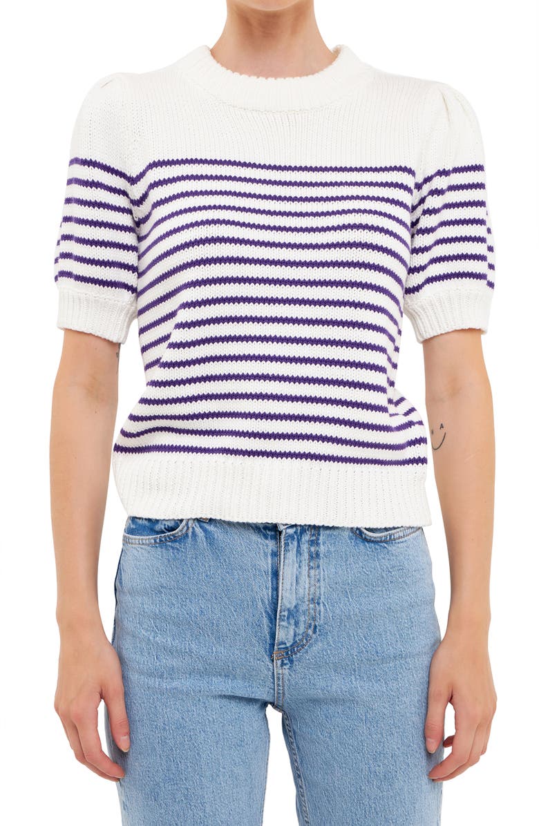 English Factory Stripe Short Puff Sleeve Sweater, Main, color, White/ Purple