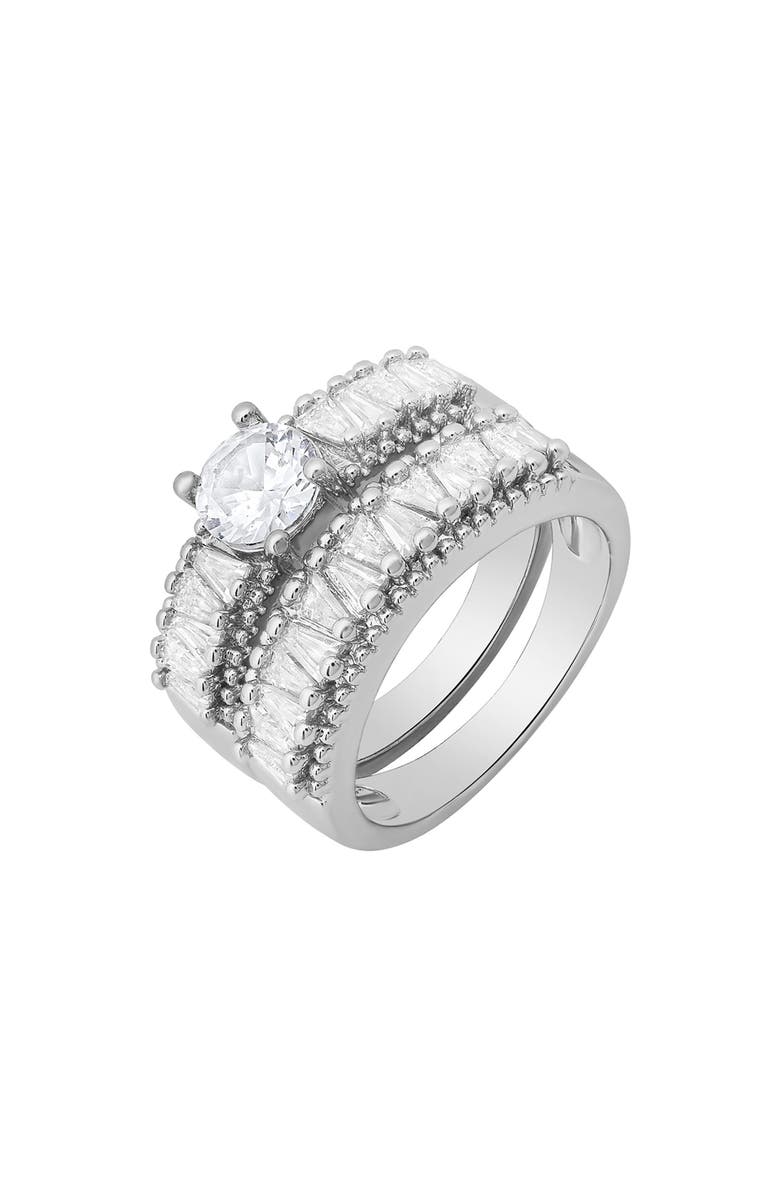 HMY JEWELRY Round & Tapered Baguette Cut Simulated Diamond Ring, Alternate, color, Silver