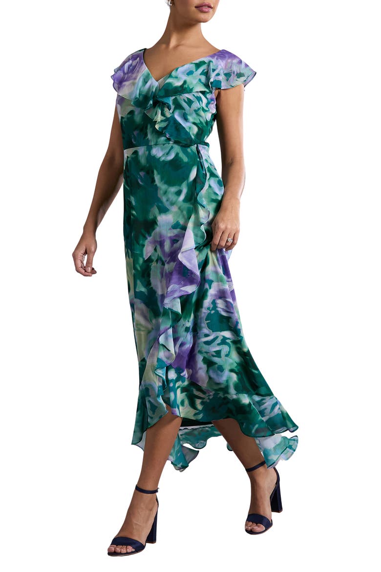 Ruffle Cap Sleeve Faux Wrap Dress, Alternate, color, ORCHID/ TEAL