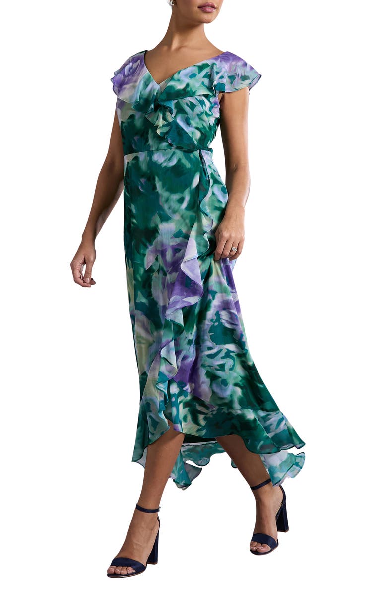 London Times Ruffle Cap Sleeve Faux Wrap Dress, Alternate, color, Orchid/ Teal