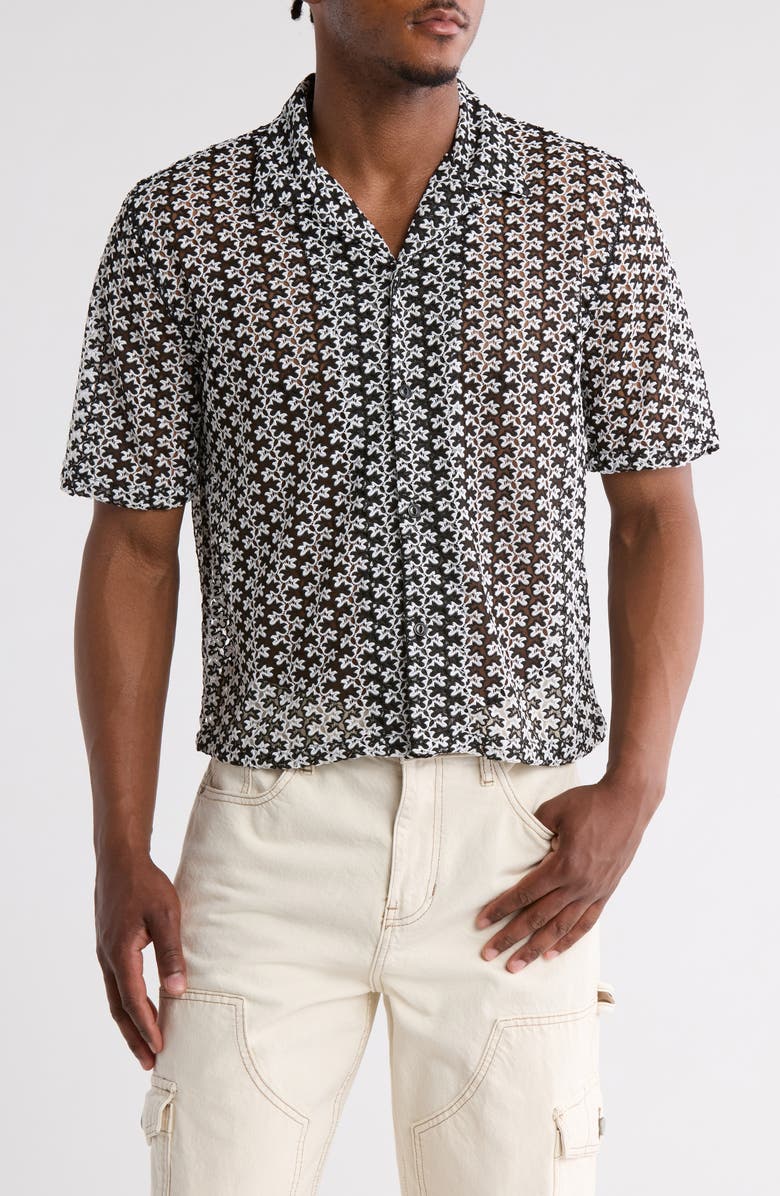 PacSun Rumi Oversize Open Knit Camp Shirt, Main, color, Black/ White