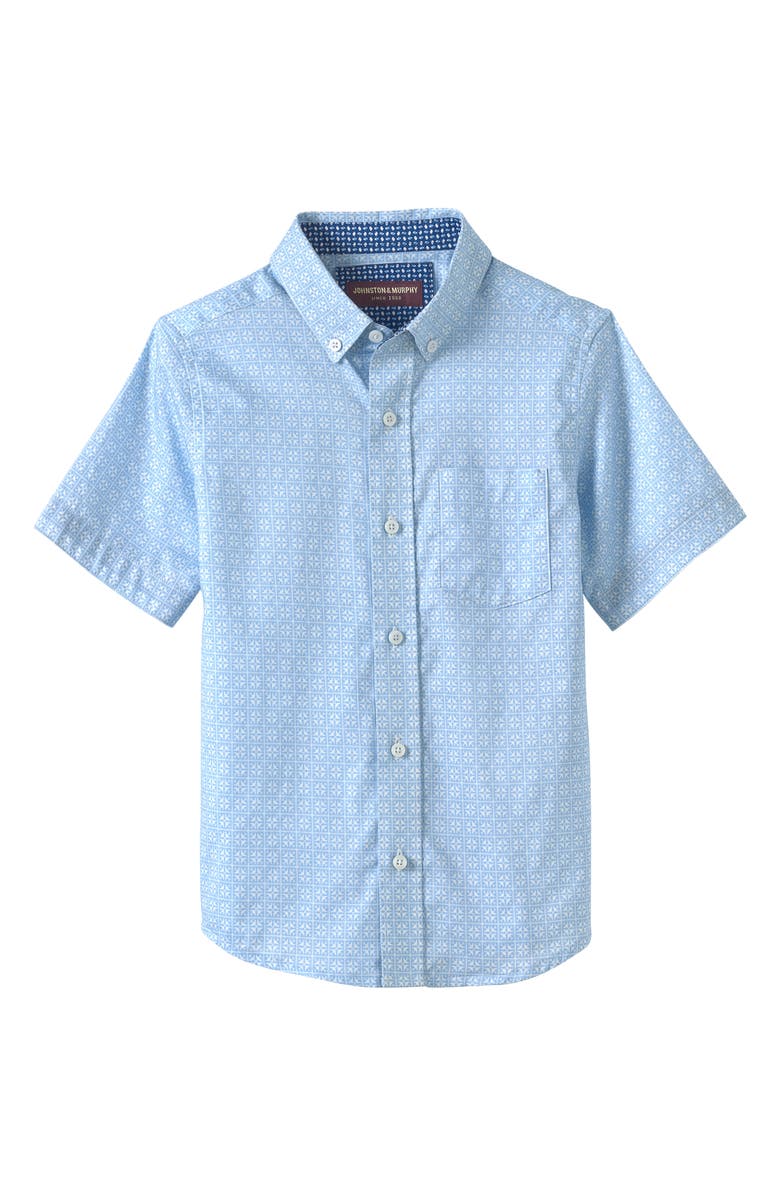Johnston & Murphy Kids' Airplane Grid Short Sleeve Button-Up Shirt, Main, color, Sky Blue