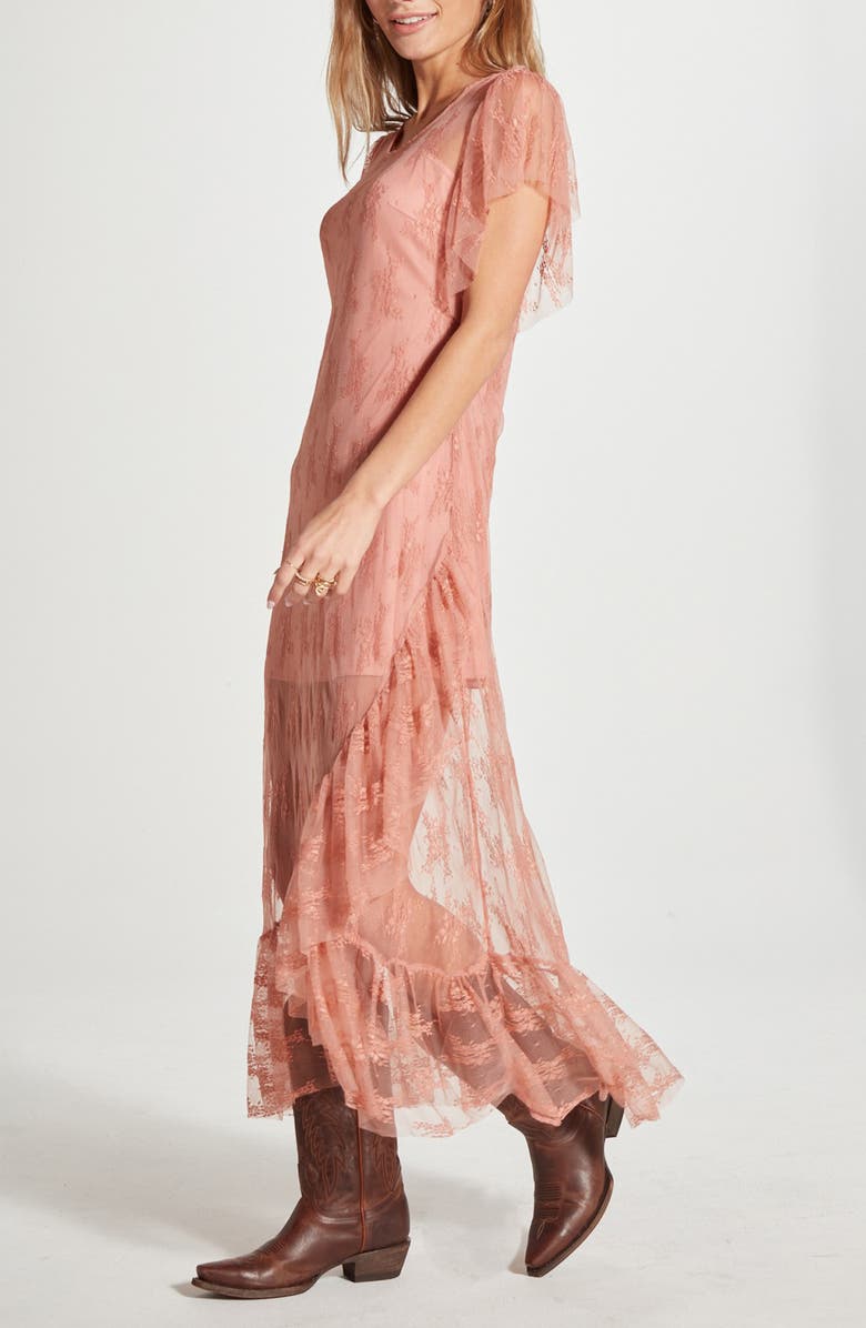 WISHLIST Sheer Lace Maxi Dress, Alternate, color, Clay