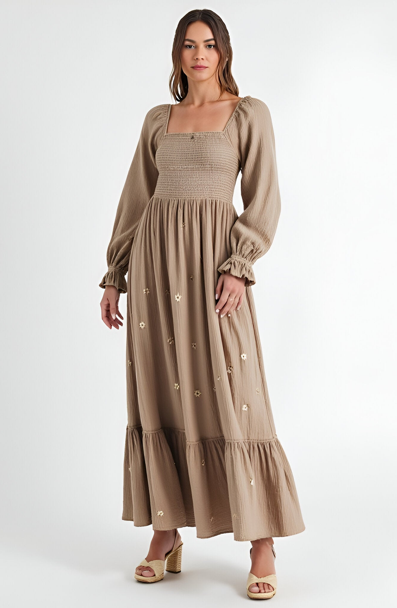 Modenaire Floral-Embroidered Smocked Tiered Open-Back Maxi Dress, Main, color,