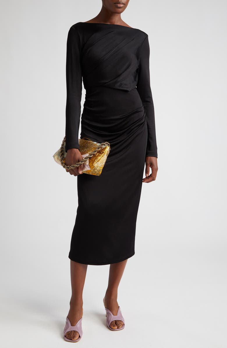 Dries Van Noten Hunewa Long Sleeve Draped Satin Midi Dress, Main, color, 