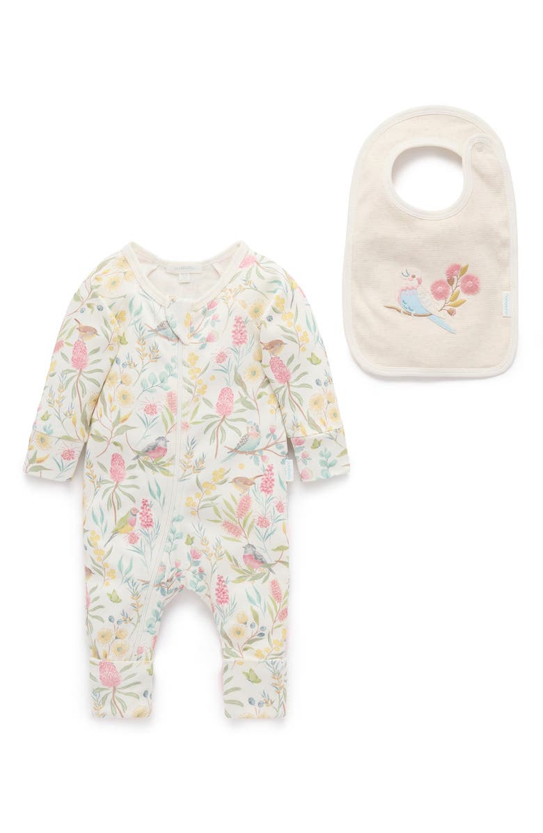 Purebaby Australiana Floral Zip Romper & Bib Set, Main, color, Aviary Garden