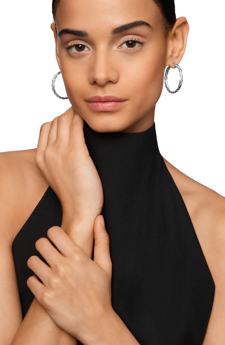 David Yurman Cable Edge<sup>™</sup> Hoop Earrings in Recycled Sterling Silver with Pavé Diamonds, Alternate, color, Sterling Silver Recycled