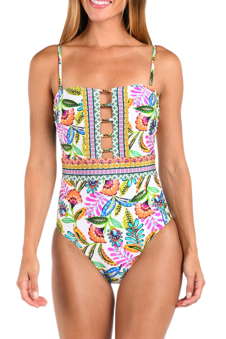 Jungle Bandeau One-Piece Swimsuit, Main, color, WHITE MULTI