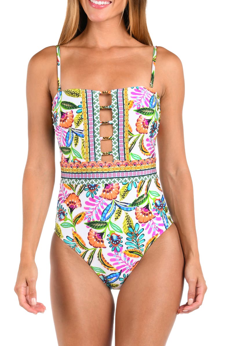 Sunshine 79 Jungle Bandeau One-Piece Swimsuit, Main, color, White Multi