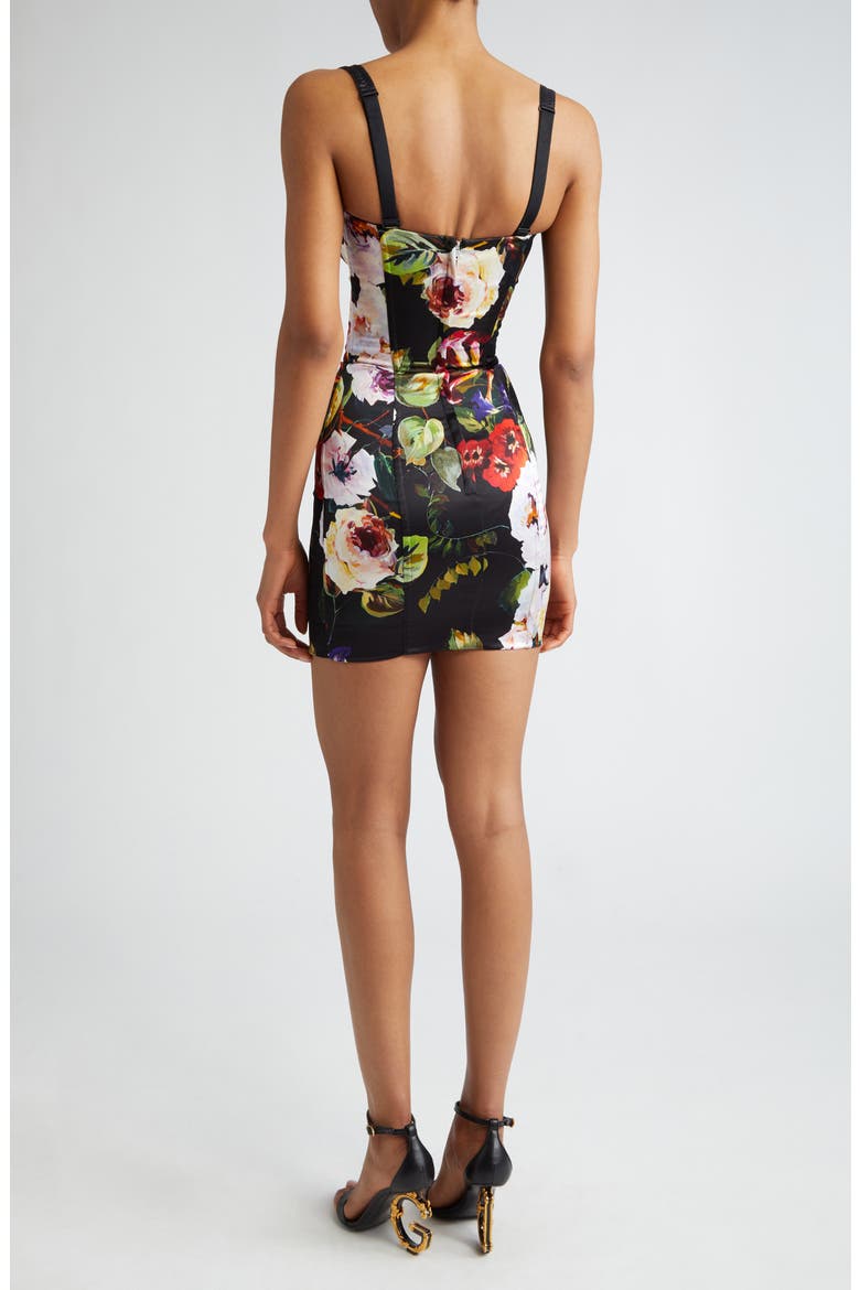 Rose Garden Print Satin Corset Mini Dress, Alternate, color, NERO