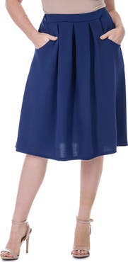 24seven Comfort Apparel Elastic Waist Pleated Knee Length Pocket Skirt