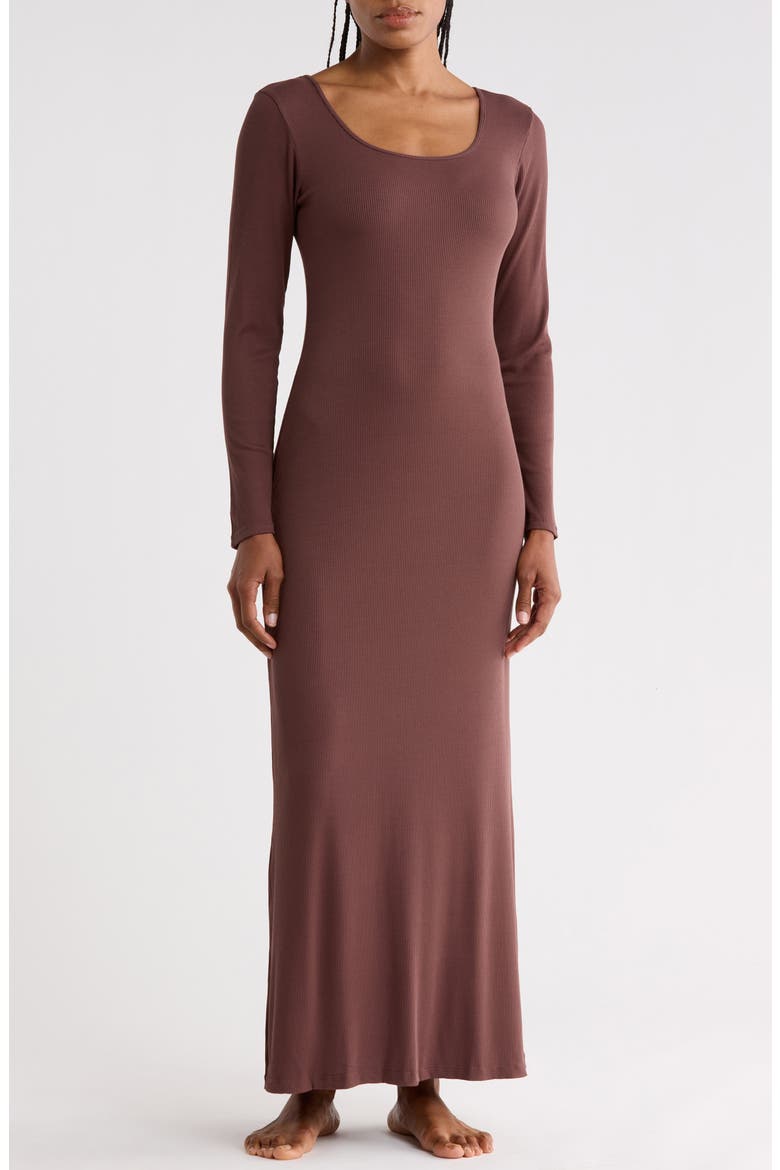 Long Sleeve Rib Maxi Nightgown, Main, color, BROWN ROAST