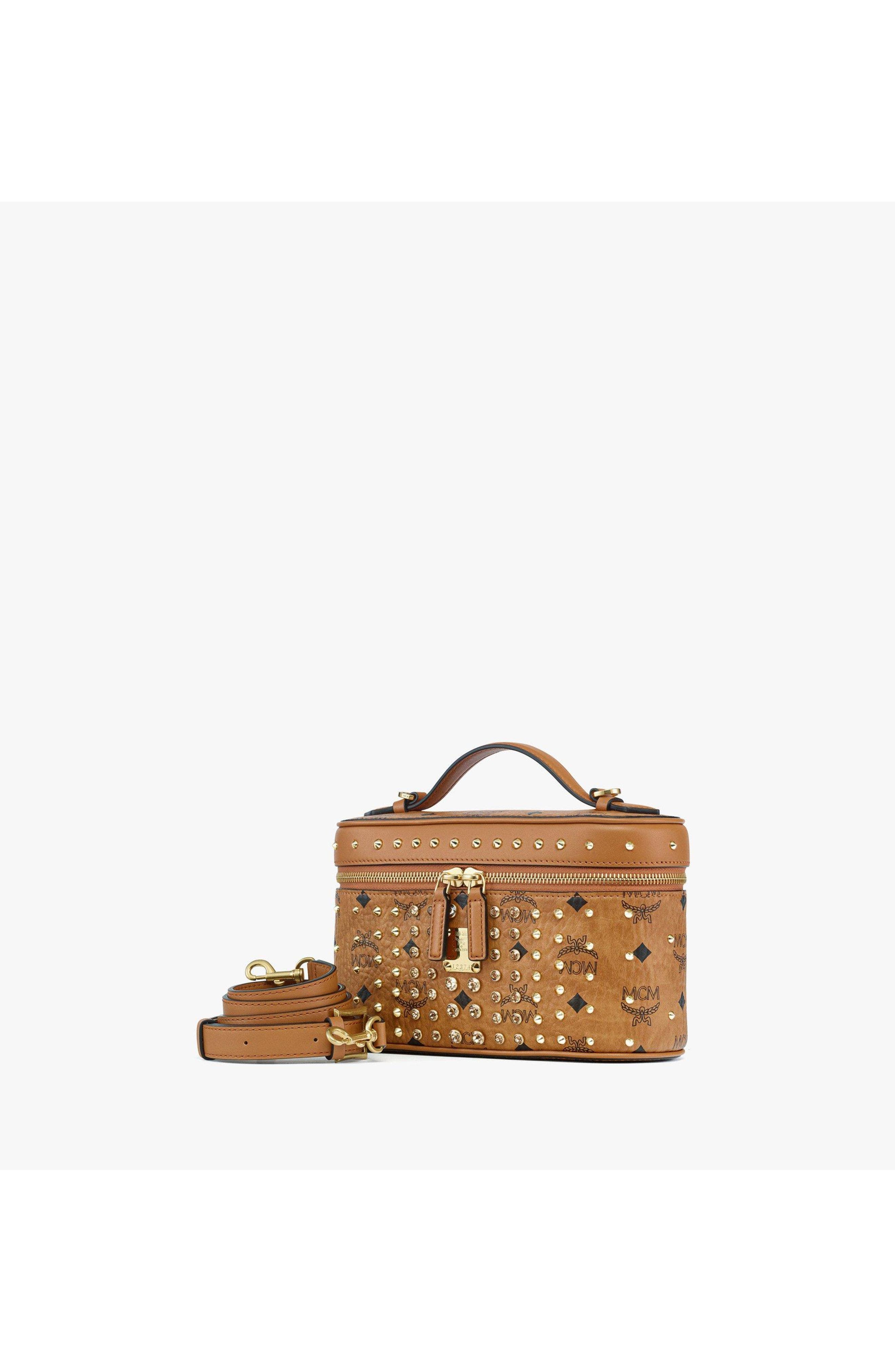 Small Rockstar Vanity Case in Gold Crystal Visetos, Alternate, color, Cognac
