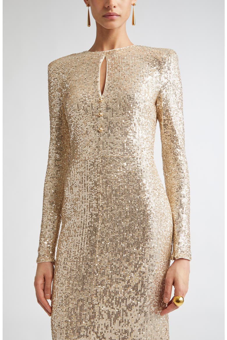 Long Sleeve Sequin Stretch Knit Gown, Alternate, color, ECRU/ GOLD