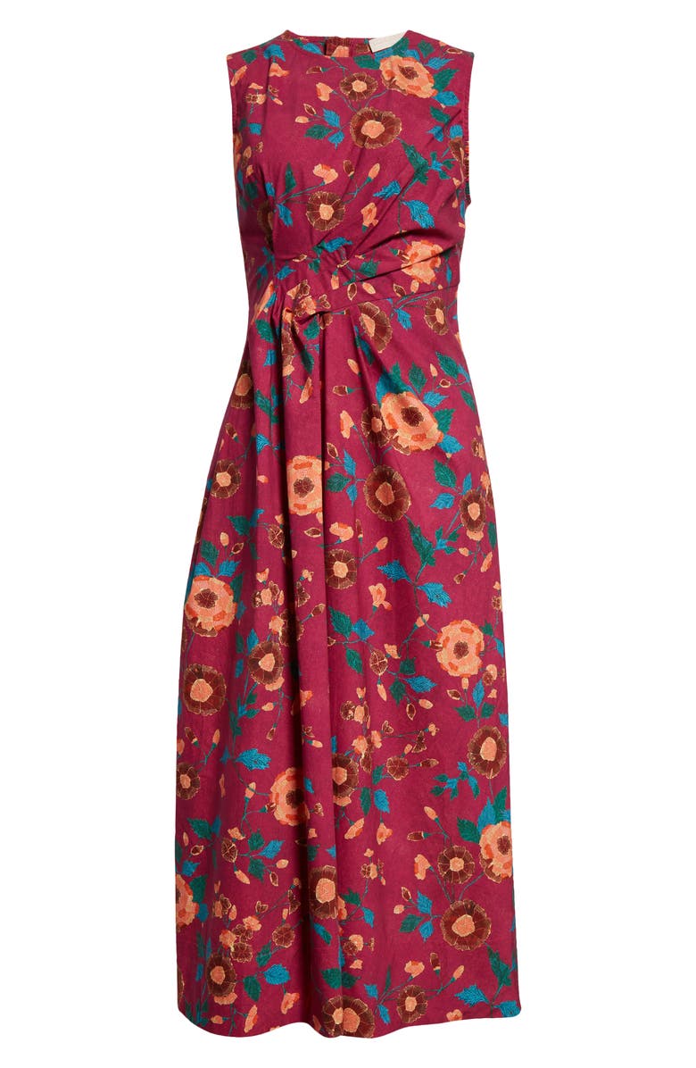 Ulla Johnson Davina Floral Twisted Waist Midi Dress, Alternate, color, Ruby Flora