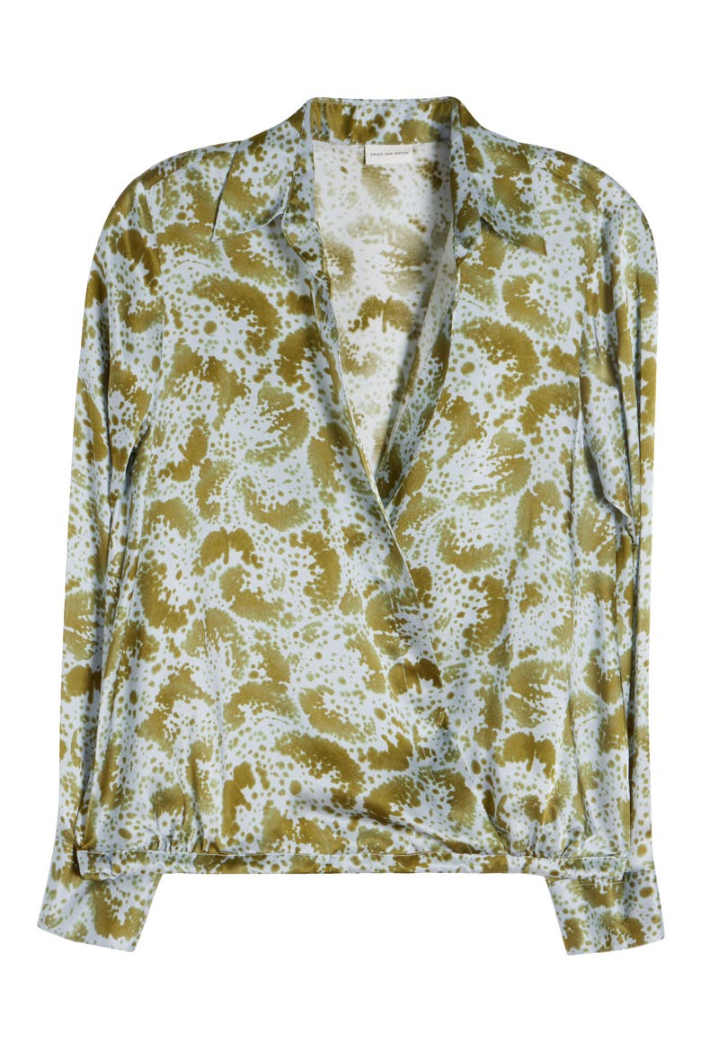 Cedal Orchid Petal Print Silk Wrap Top, Alternate, color, KHAKI