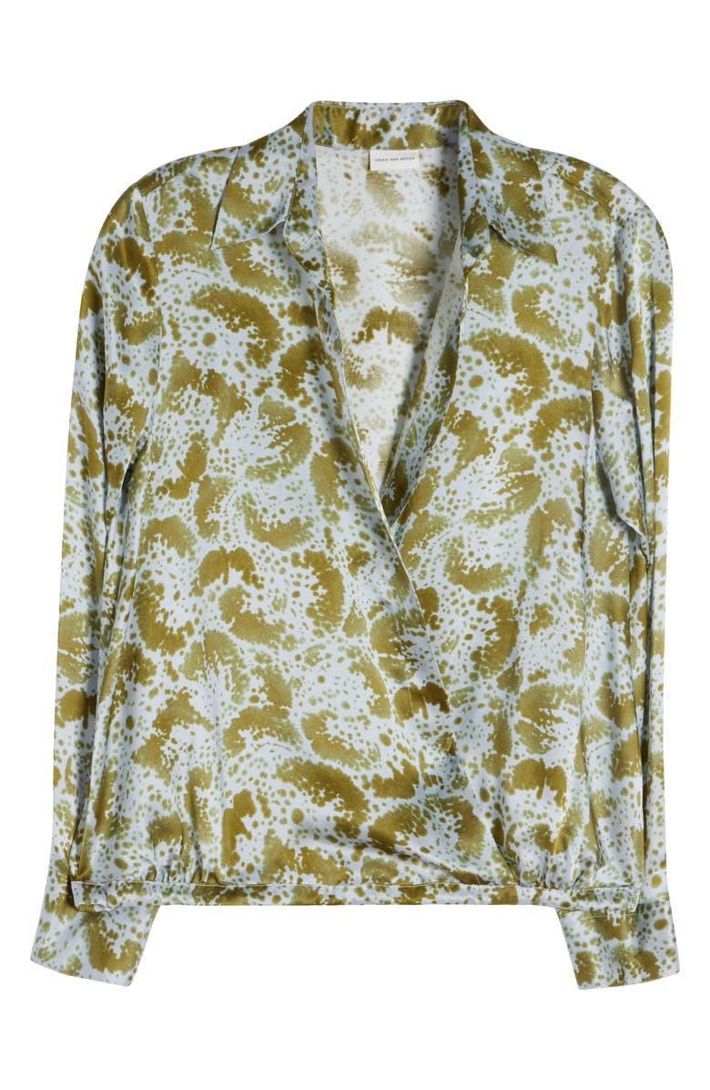 Dries Van Noten Cedal Orchid Petal Print Silk Wrap Top, Alternate, color, Khaki