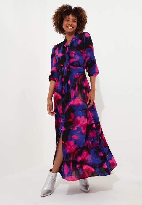 Tie Neck Printed Maxi Dress (Plus)