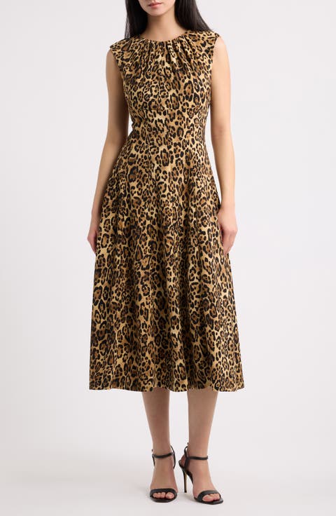 Pleated Neck A-Line Midi Dress