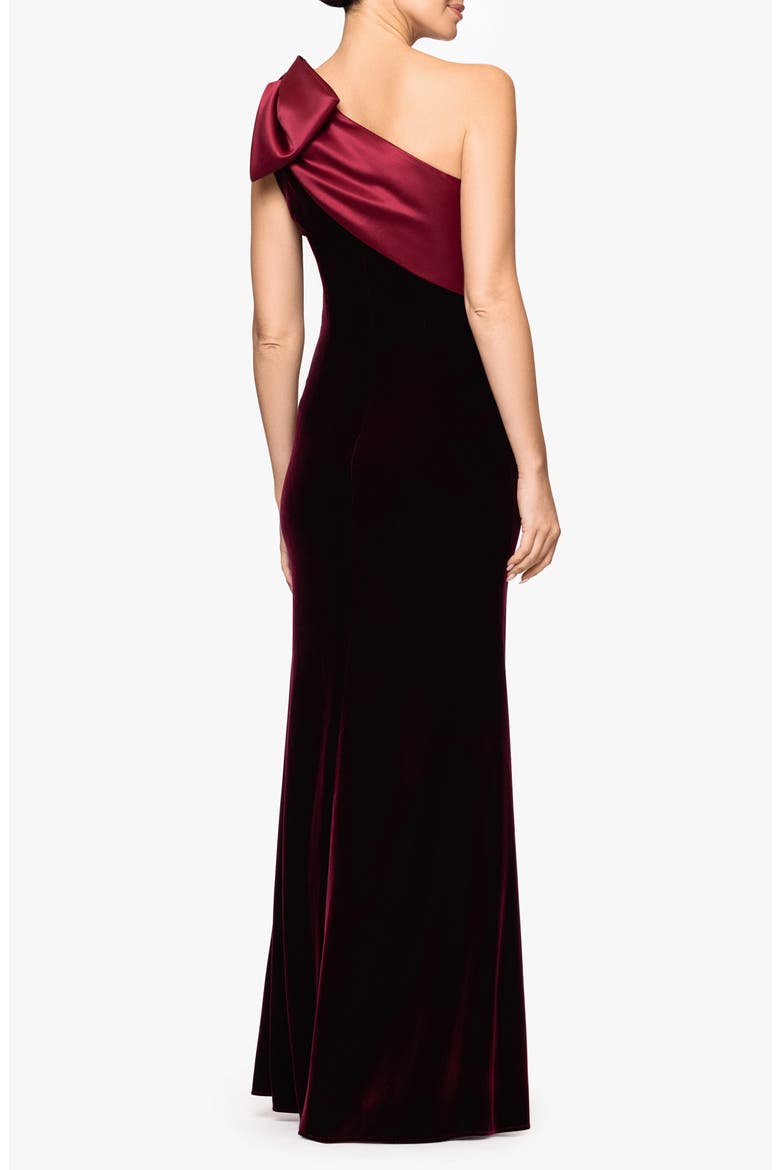 Bow One-Shoulder Mikado Gown, Alternate, color, BURGUNDY