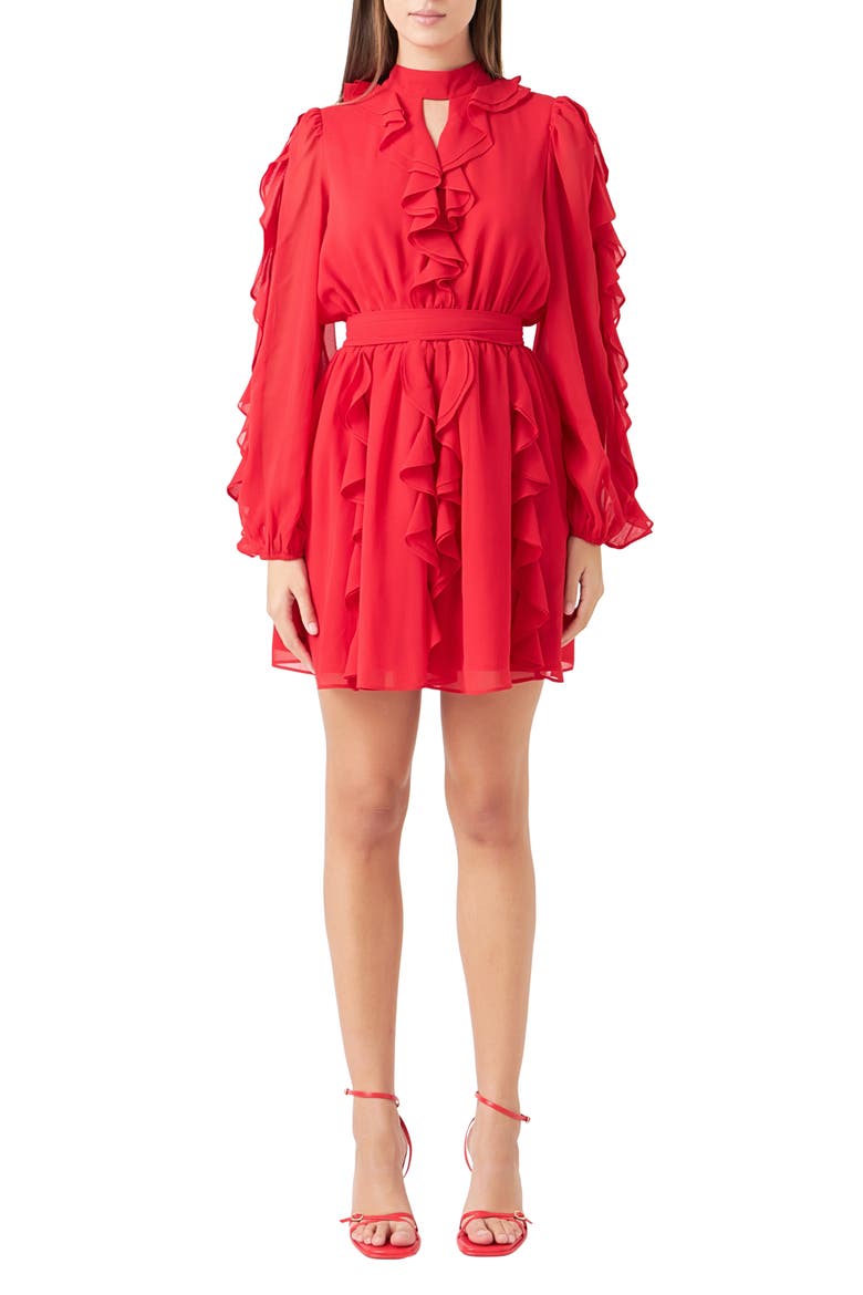 Ruffle Detail Long Sleeve Chiffon Minidress, Main, color, RED