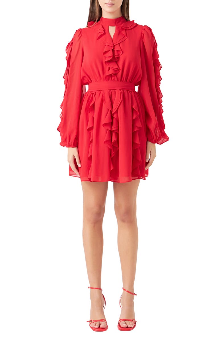Endless Rose Ruffle Detail Long Sleeve Chiffon Minidress, Main, color, Red