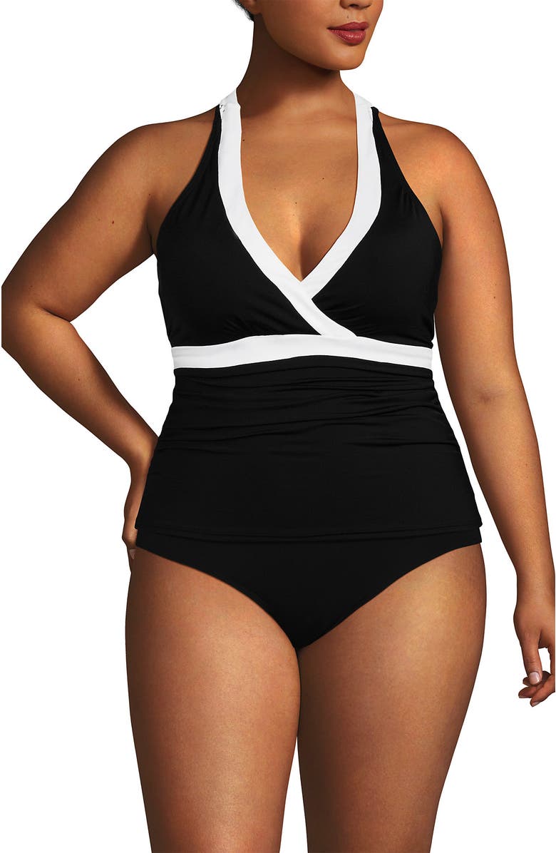 Lands' End Plus Size V-Neck Halter Tankini Top, Alternate, color, Black/White
