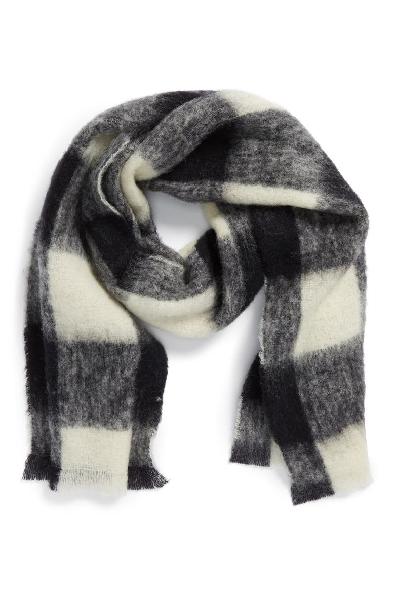 Check Print Wool Blend Scarf, Main, color, WHITE /BLACK