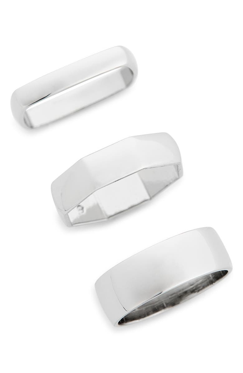 Covet Set of 3 Assorted Stacking Rings, Main, color, Rhodium