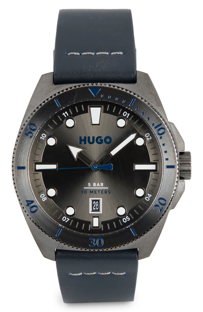 BOSS Visit Leather Strap Watch, 44mm, Main, color, Gray