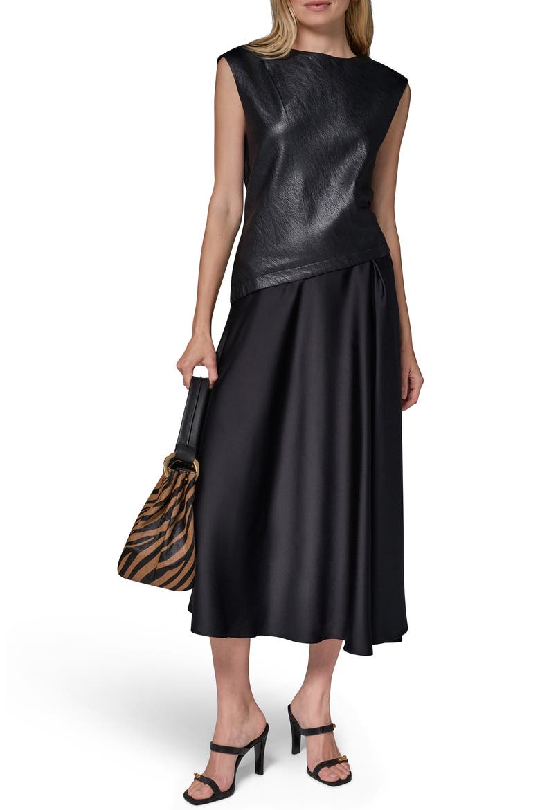 Faux Leather Mixed Media Midi Dress, Alternate, color, BLACK