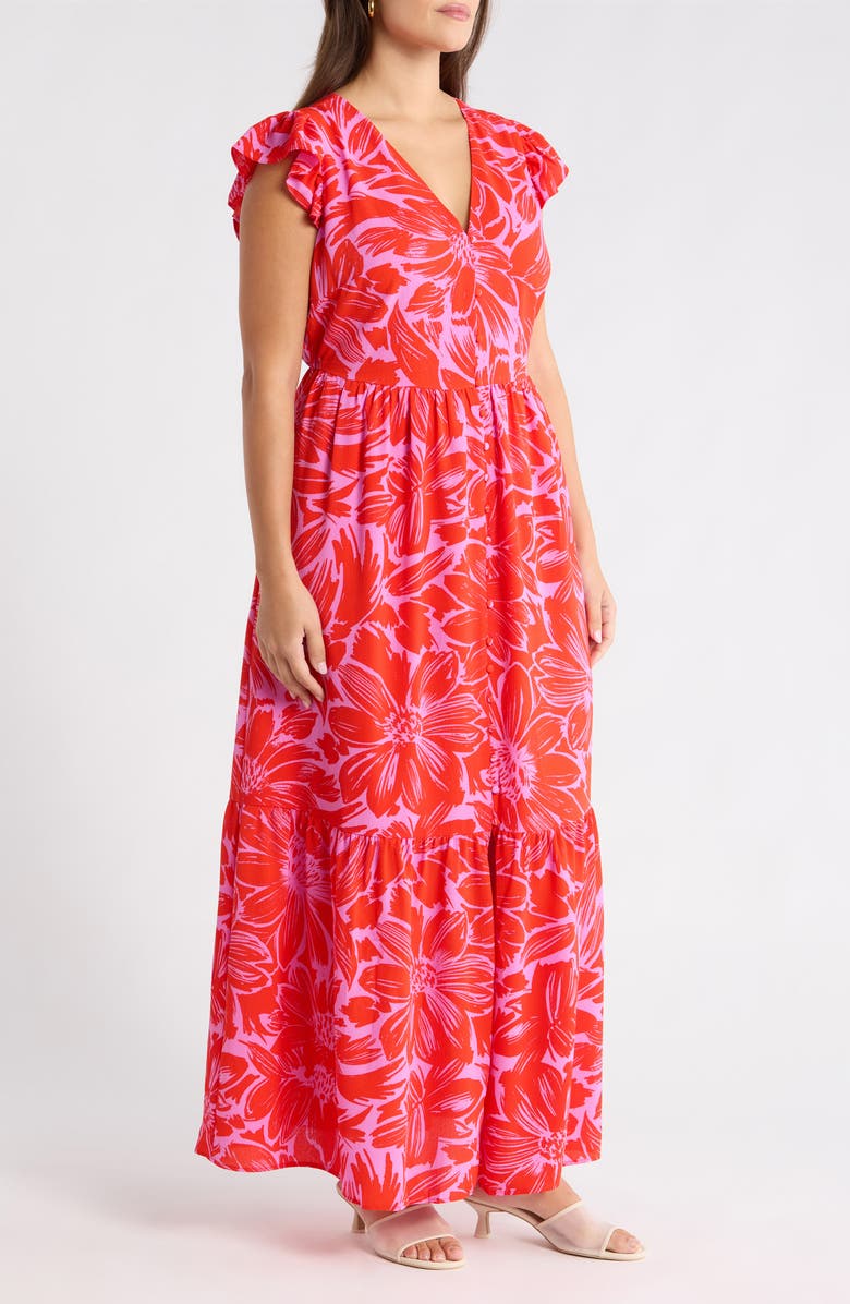 SUGARLIPS Rania Floral Evianna Flutter Maxi Dress, Alternate, color, Pink-Red-Mul