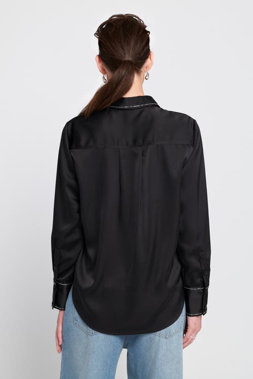 Elle Collection Sparkle Trim Satin Shirt Button Down Top In Black