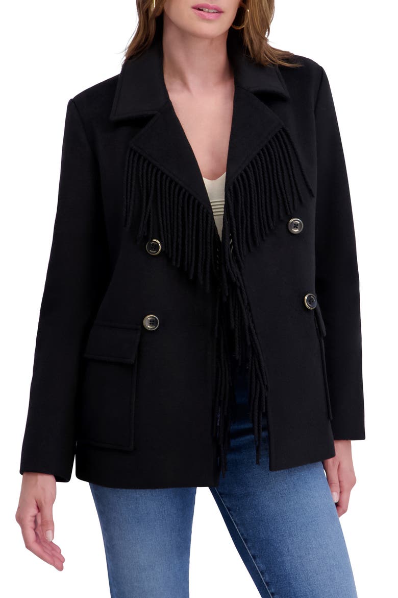 Fringe Trim Twill Peacoat, Alternate, color, BLACK
