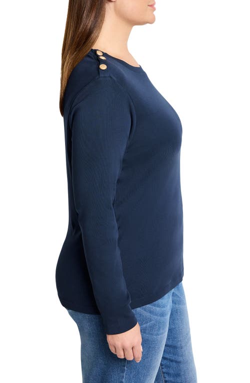 Shop Nzt By Nic+zoe Button Shoulder Long Sleeve Cotton Top In Dark Indigo