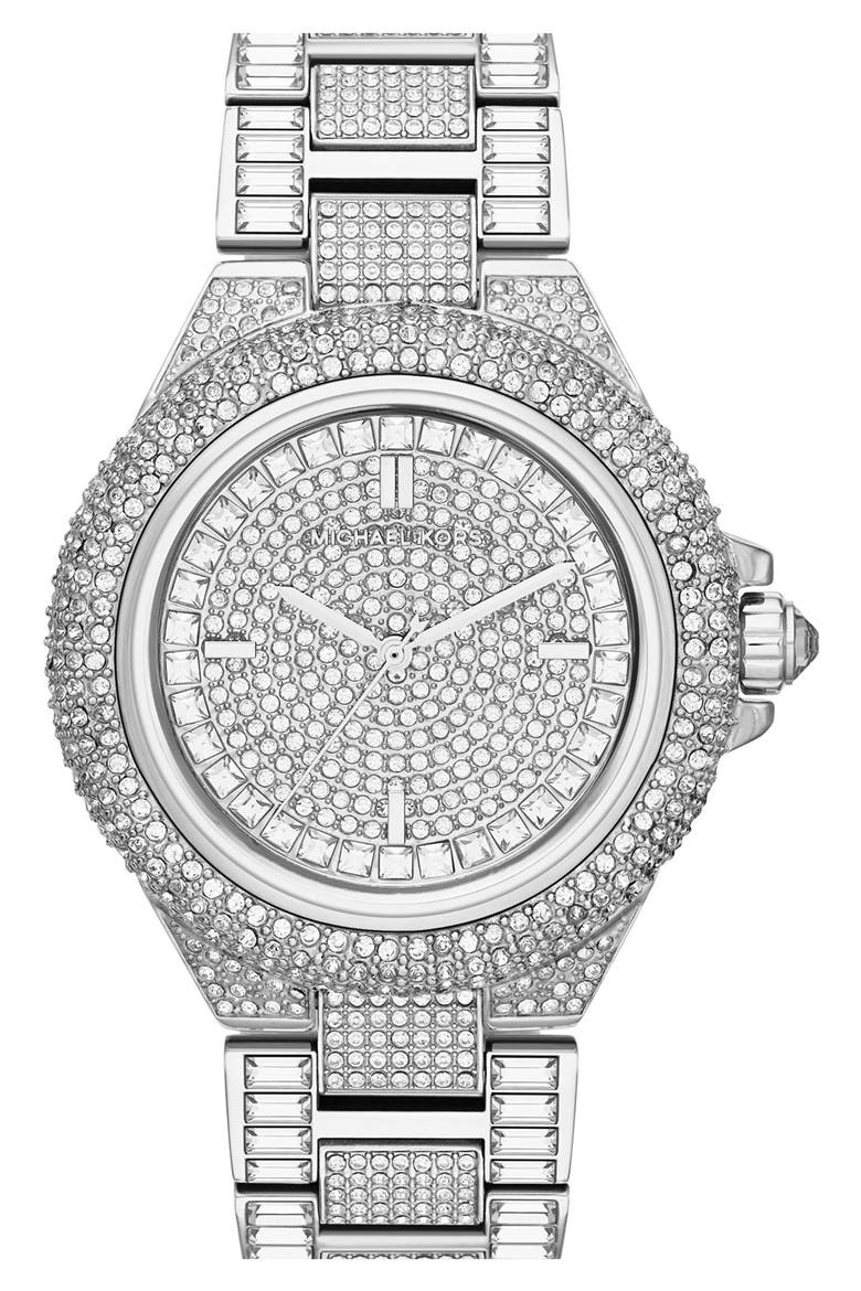 Michael Kors 'Camille' Crystal Encrusted Bracelet Watch, 44mm, Main, color, SILVER