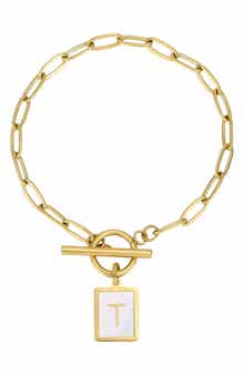 18K Gold Plated Mother-of-Pearl Initial Charm Toggle Bracelet