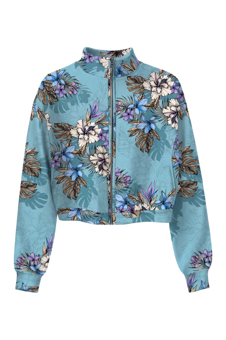 Exotic Floral Womens Cropped Zip Jacket, Alternate, color, EXOTIC FLORAL TEAL