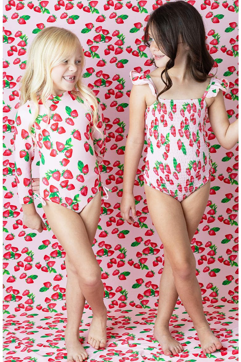 Kids' Strawberry Long Sleeve UPF 50+ One-Piece Rashguard Swimsuit, Alternate, color, PINK